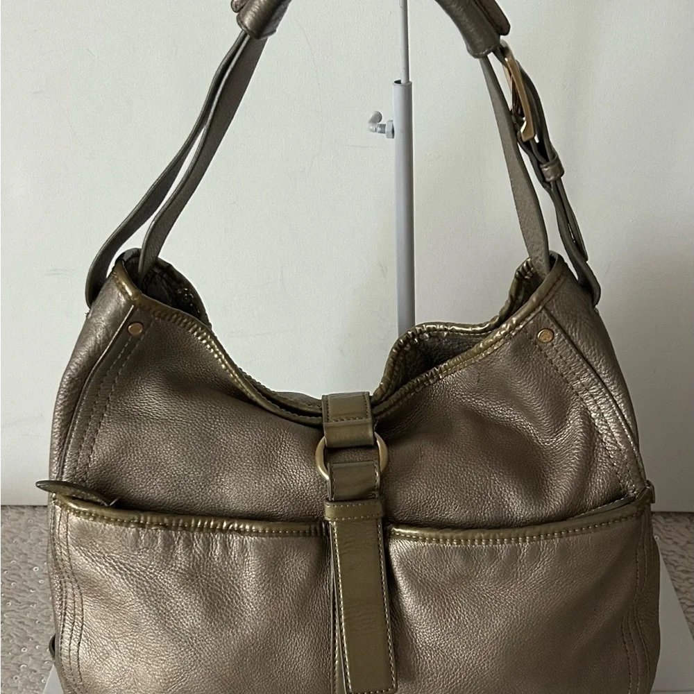 Cole Haan Metallic Gold Leather Hobo Shoulder Bag Buckle Detail Purse